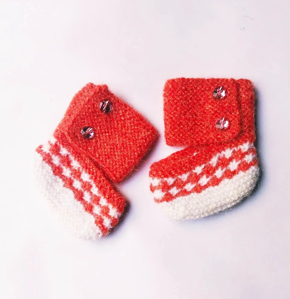 Good Quality Brick & White Color Hand Crochet Woolen Baby Booties For 6 - 12 Month