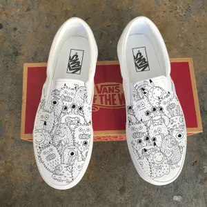 Halloween Friendly Monsters Sketch Costume Custom White Slip On Vans