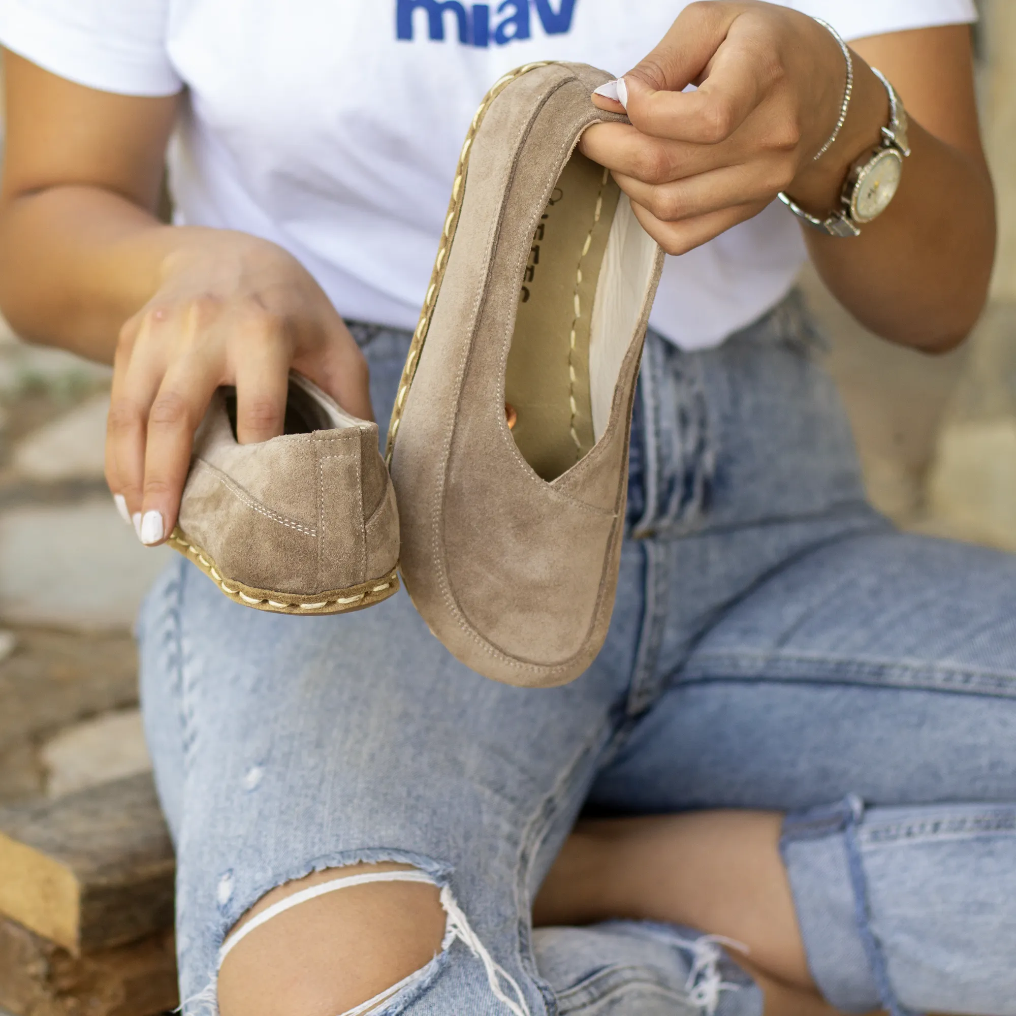 Handmade Barefoot Loafers for Women Milky Brown Suede