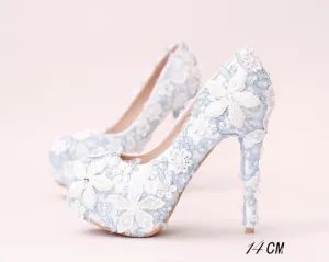 Handmade High Heels Round Toe Blue Lace Crystal Wedding Shoes, S0040