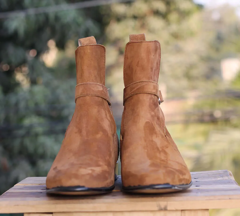 Handmade Tan Jodhpurs Suede Boots For Men's