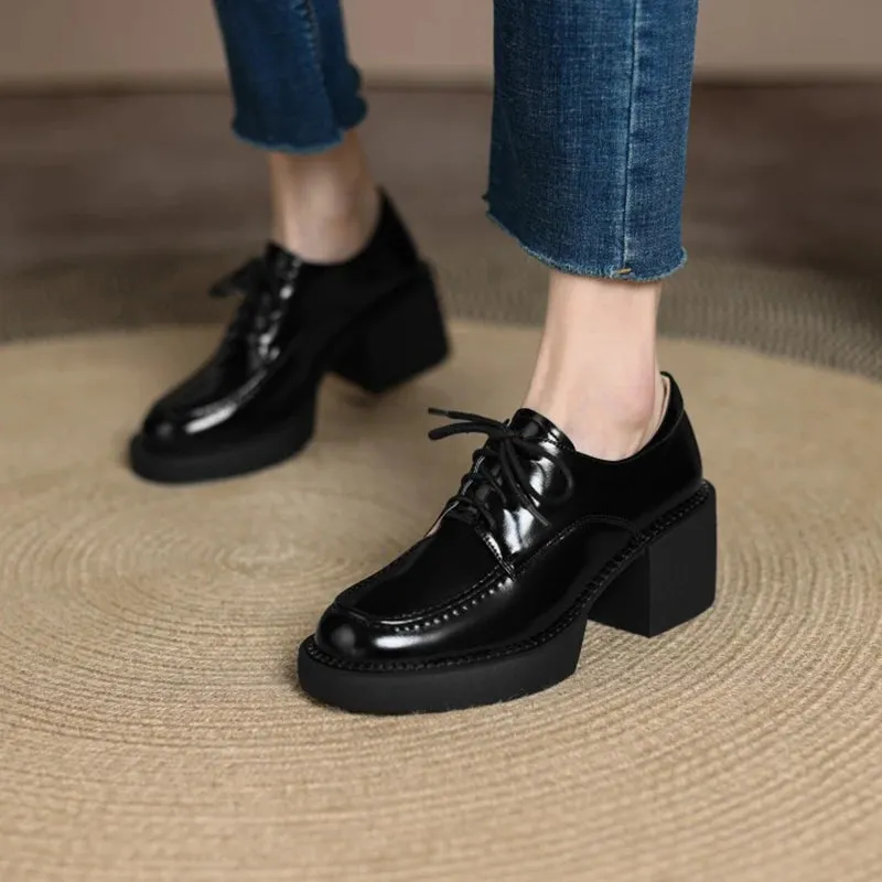 Hnzxzm Spring/Autumn Women Shoes Split Leather Round Toe Platform Shoes Women Solid Lace up Women Pumps Thick Heel Shoes for Women