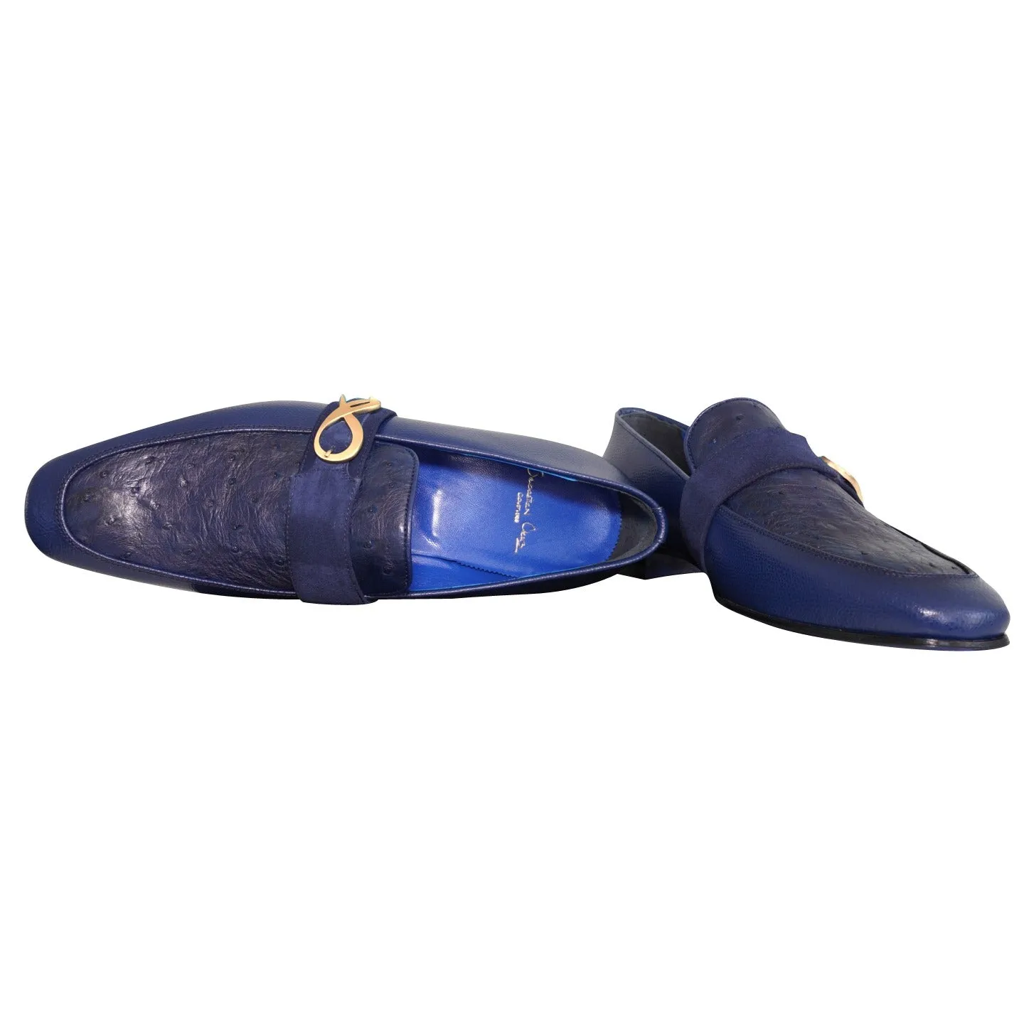 Indigo Ostrich Monk Gold Loafer