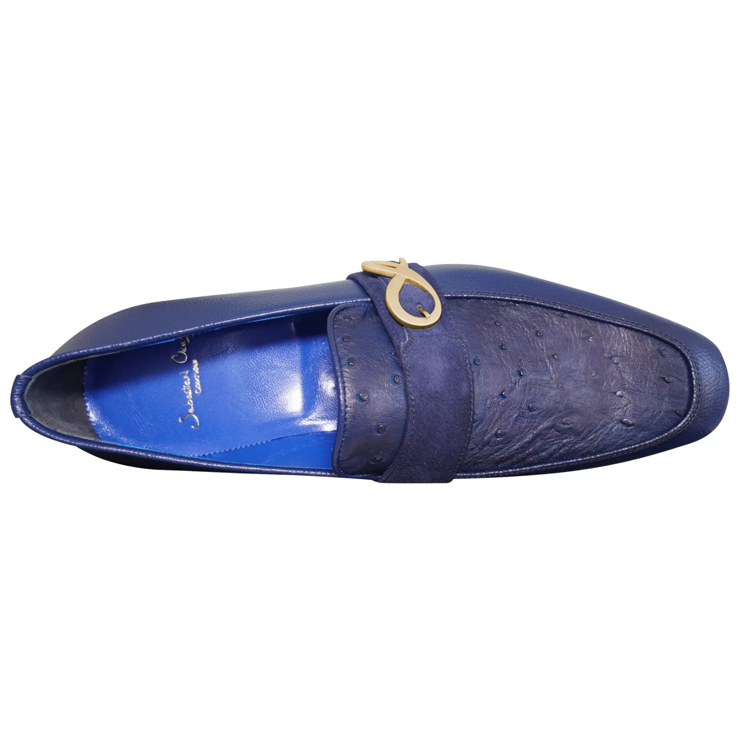 Indigo Ostrich Monk Gold Loafer