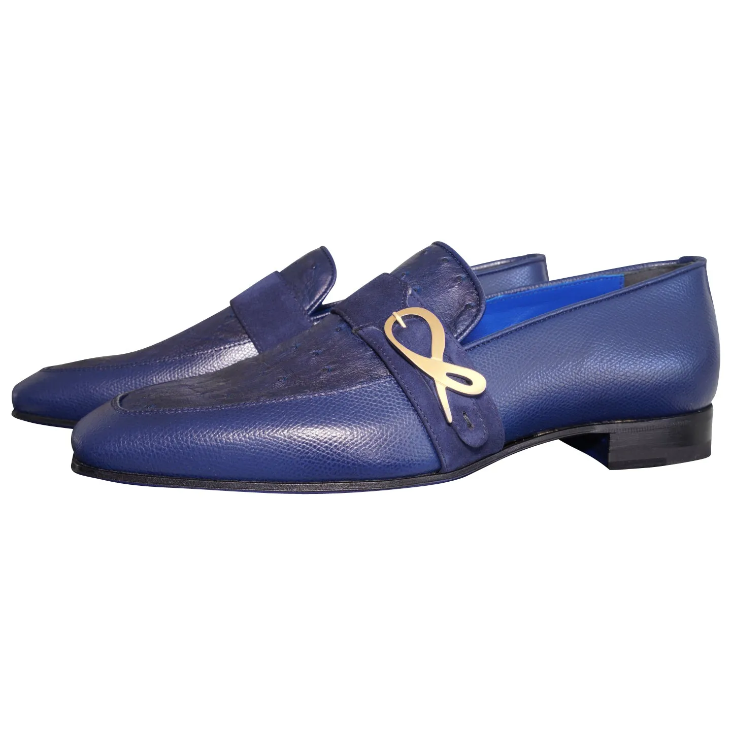 Indigo Ostrich Monk Gold Loafer