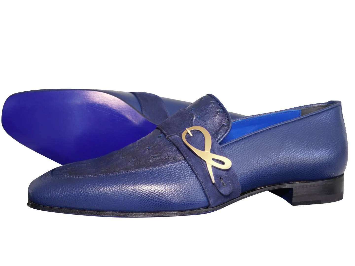 Indigo Ostrich Monk Gold Loafer