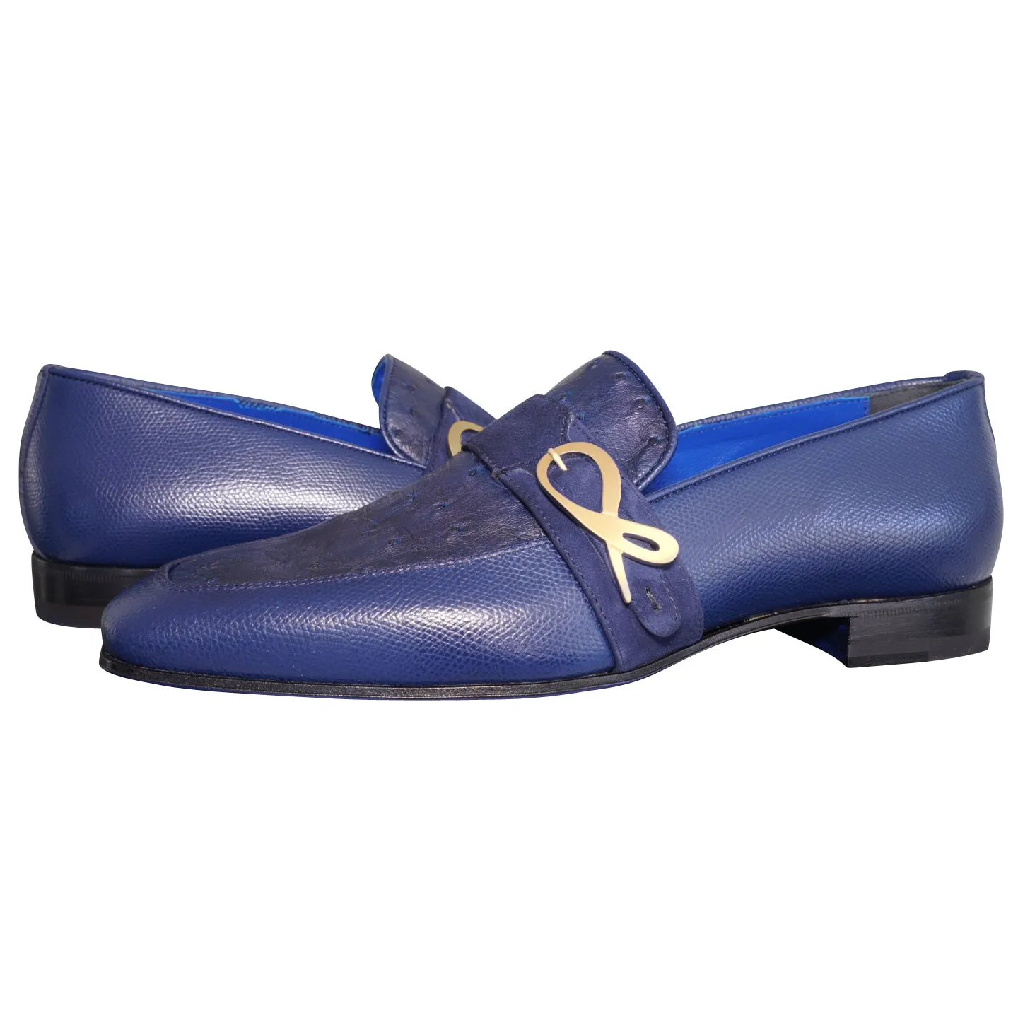 Indigo Ostrich Monk Gold Loafer