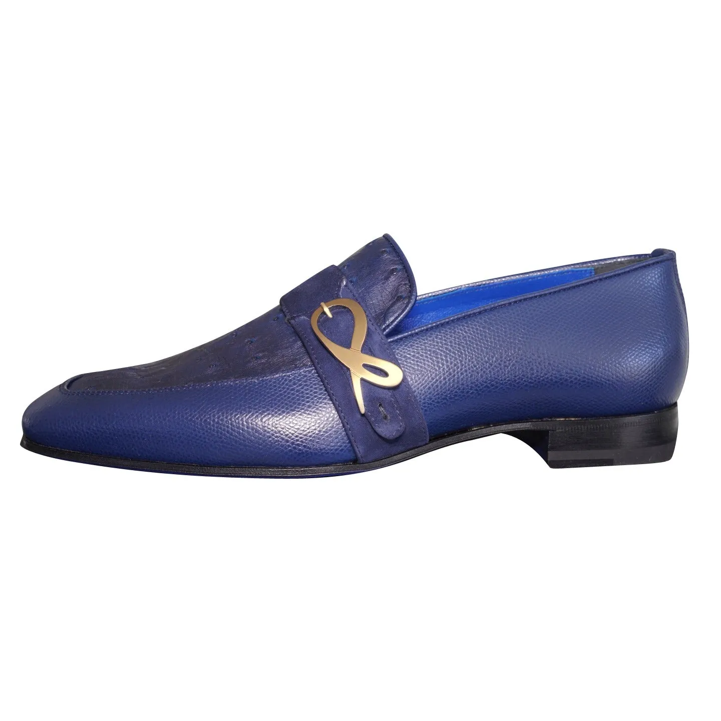 Indigo Ostrich Monk Gold Loafer