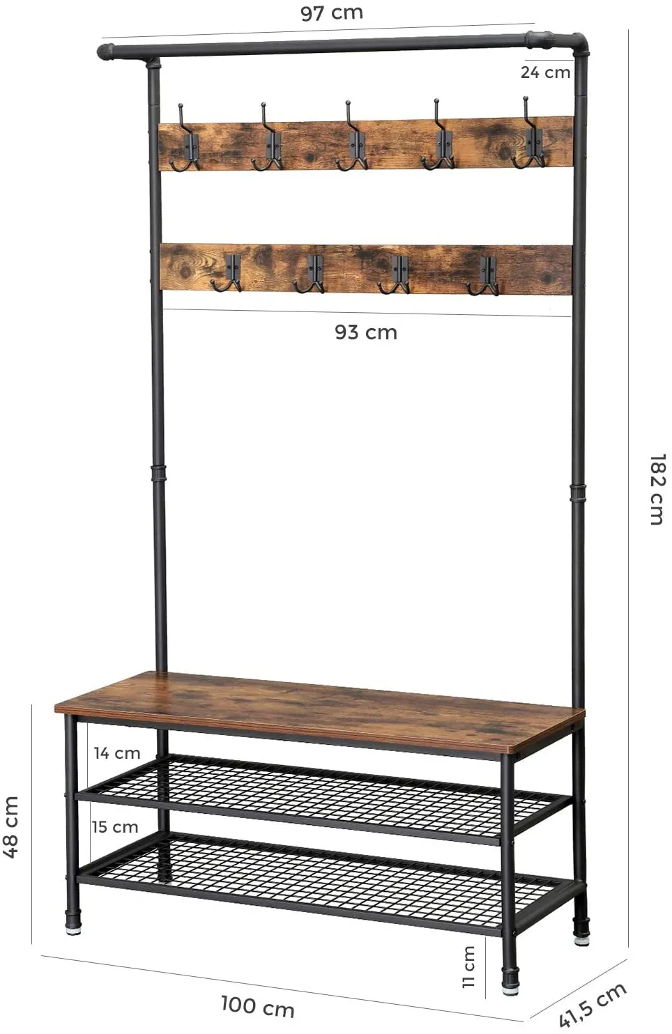 Industrial Coat Rack Stand w/ 9 Hooks, Shoe Rack, Bench