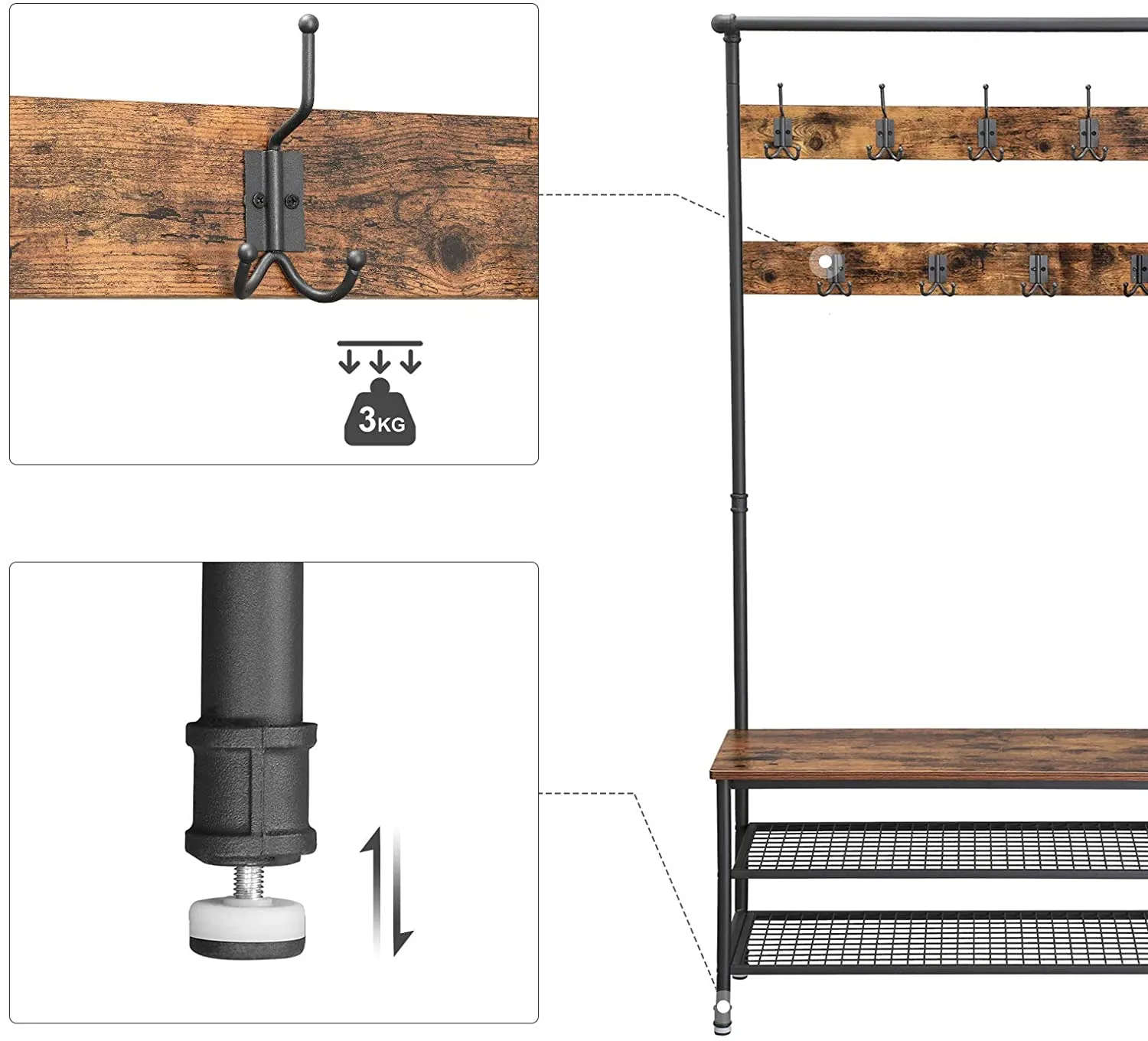 Industrial Coat Rack Stand w/ 9 Hooks, Shoe Rack, Bench