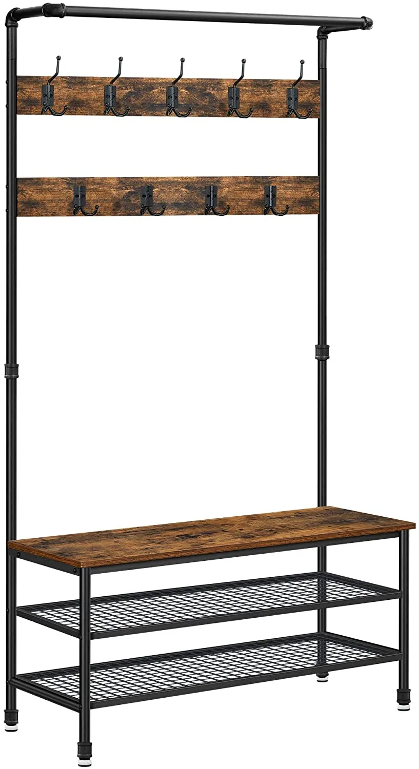 Industrial Coat Rack Stand w/ 9 Hooks, Shoe Rack, Bench