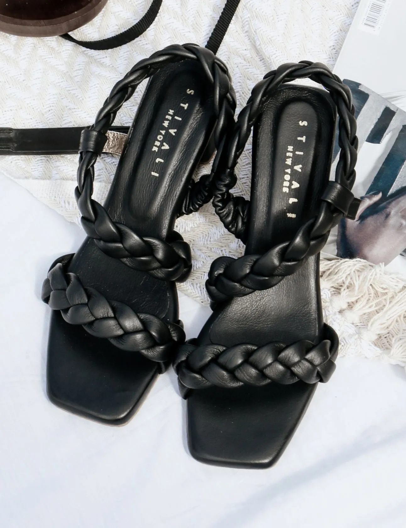 Island braided crochet sandals in black leather women shoes