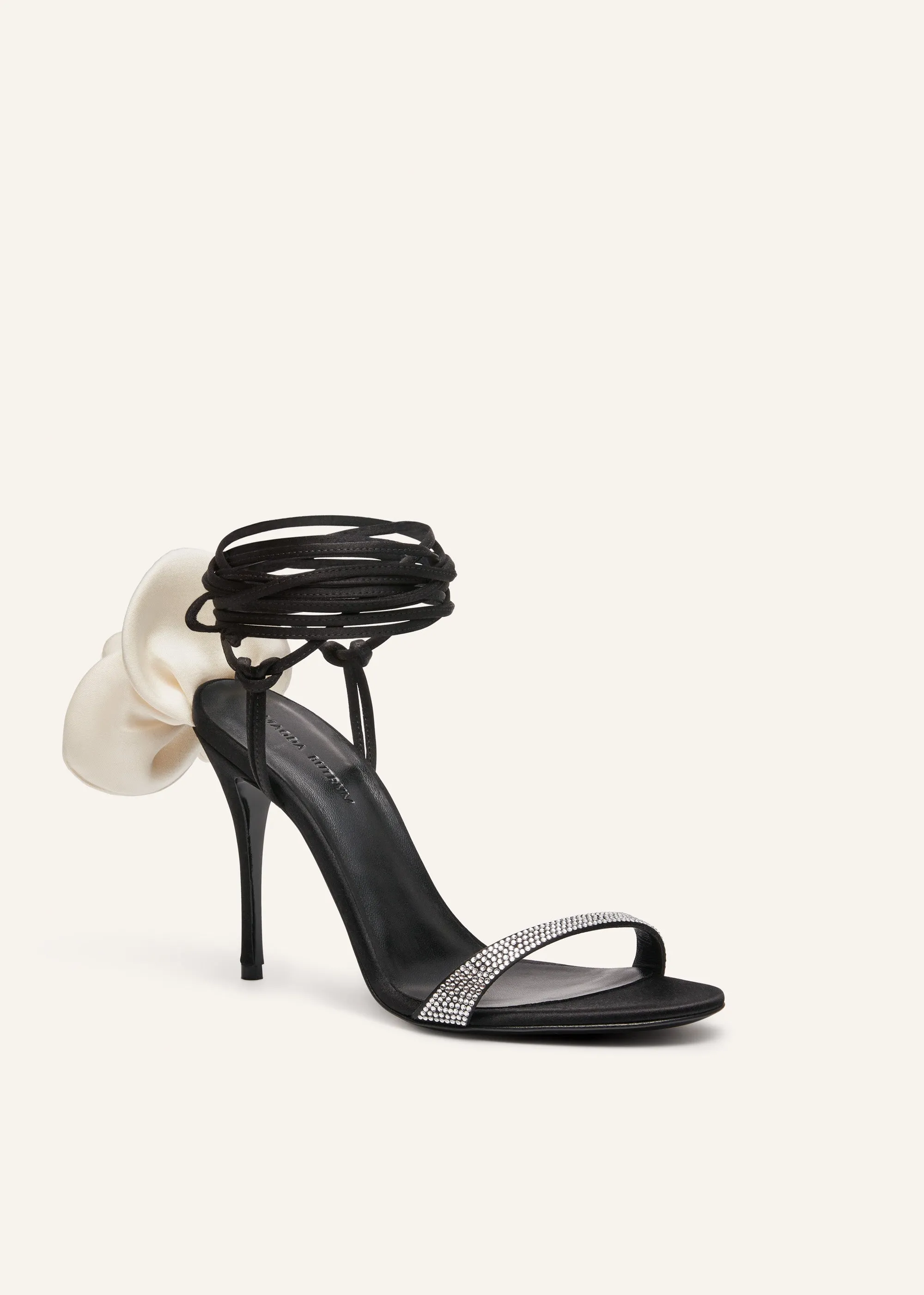 Ivory flower wrap around black satin heeI sandals with strass