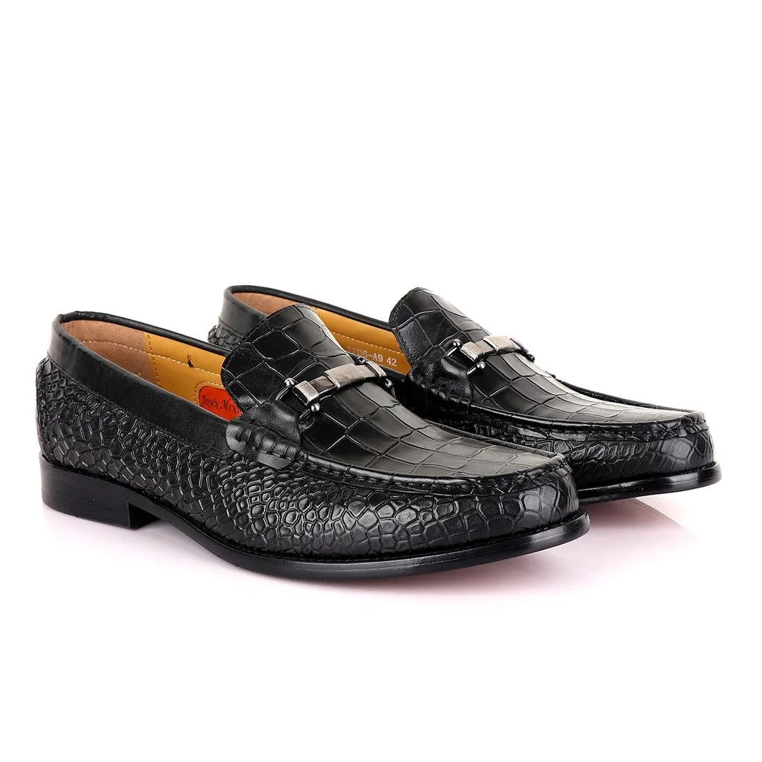 John Mendson Croc Skin Black Loafers