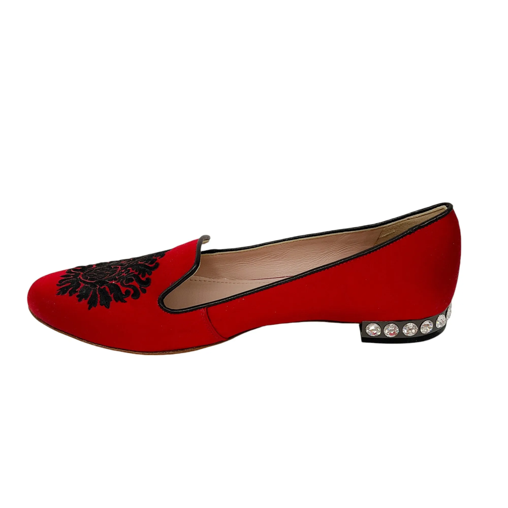 Miu Miu Red / Black Embroidered Crystal Embellished Satin Loafers