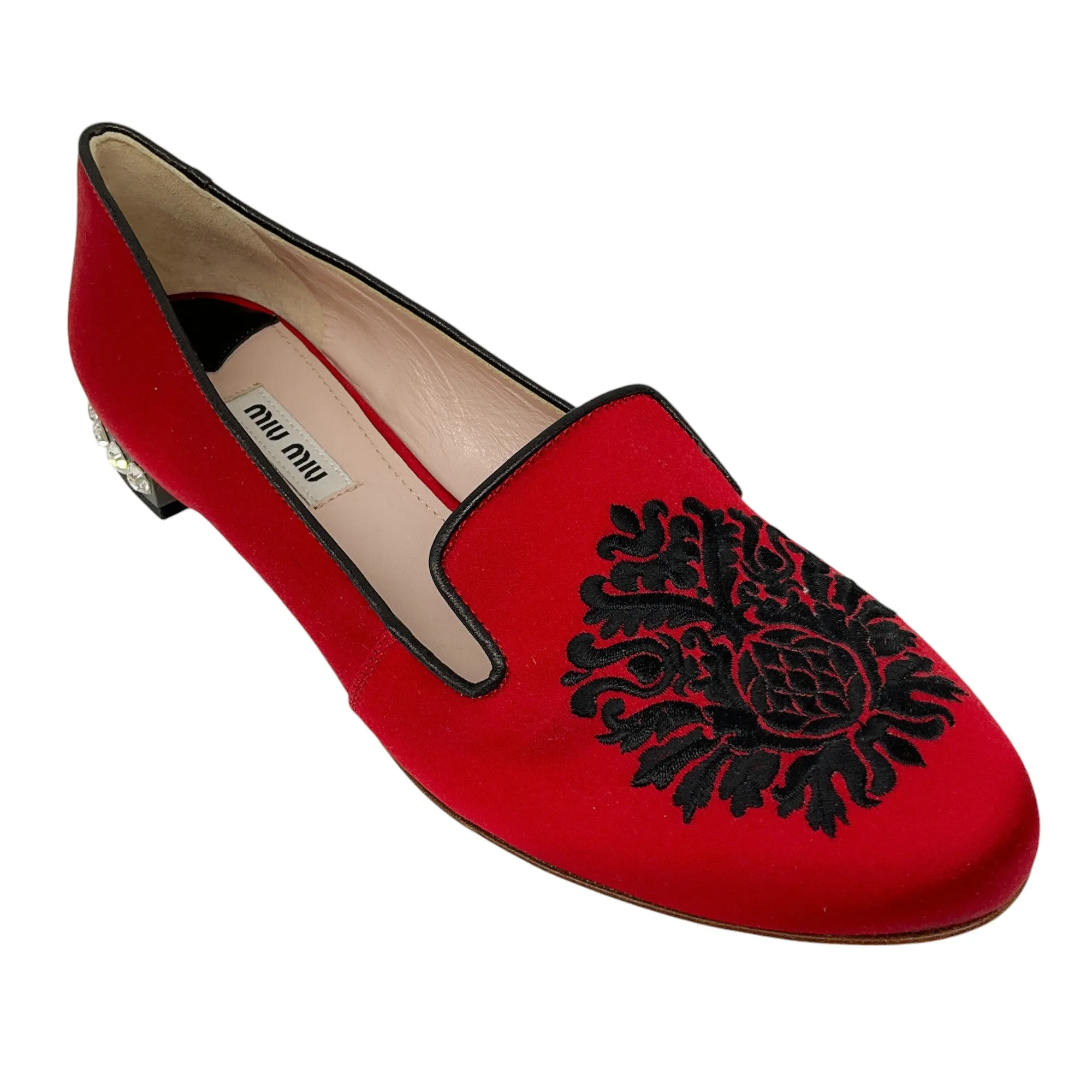 Miu Miu Red / Black Embroidered Crystal Embellished Satin Loafers