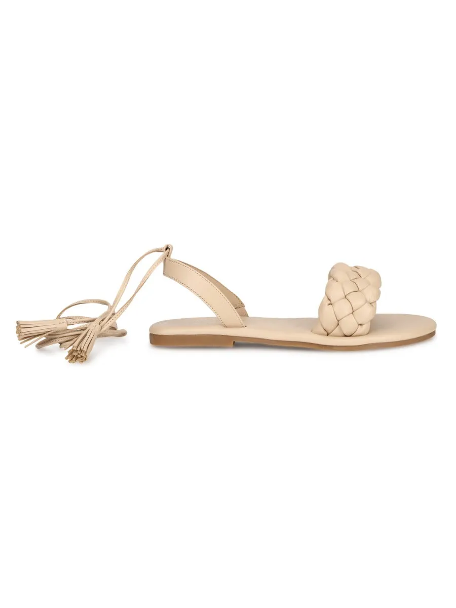 Nude PU Lace up Flat Sandals