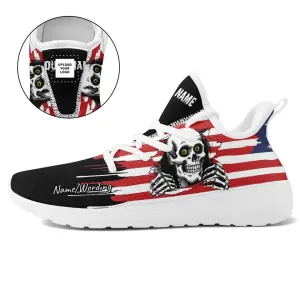 Personalized Patriotic Sneakers, Custom Skull American Flag Breathable Shoes, Best Gift for Veteran