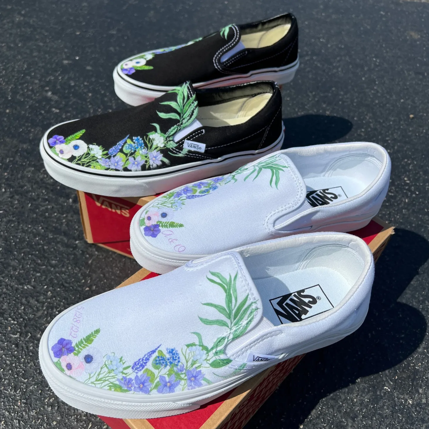 Purple Lavender Flower - Wedding Custom Slip On Vans Bridal Shoes Wedding Sneakers Wedding Shoes for Bride Brides Maids Maid of Honor Floral Black