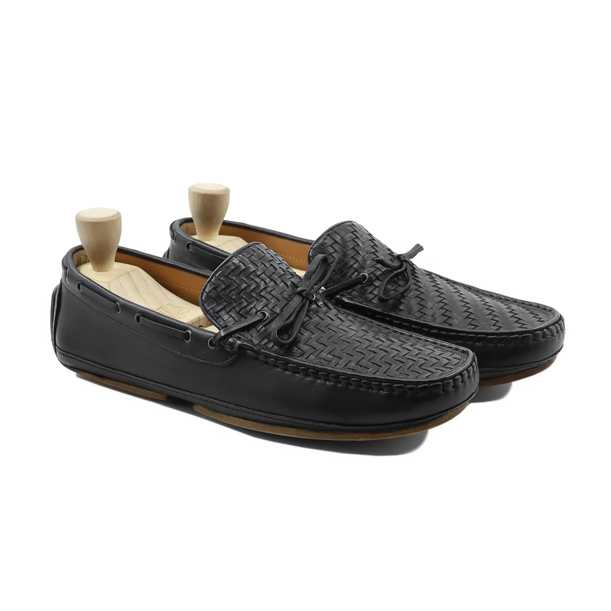 Pyrite - Men's Black Calf And Hand Woven Calf Leather Driver Shoe