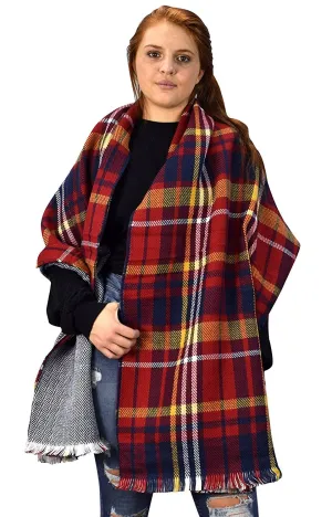 Red Navy Reversible Oversized Plaid Tartan Herringbone Blanket Scarf