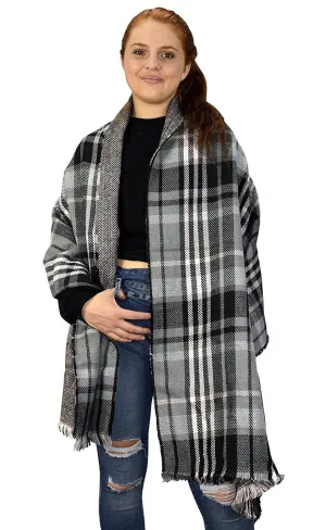 Reversible Oversized Plaid Tartan Herringbone Blanket Scarf Grey Black