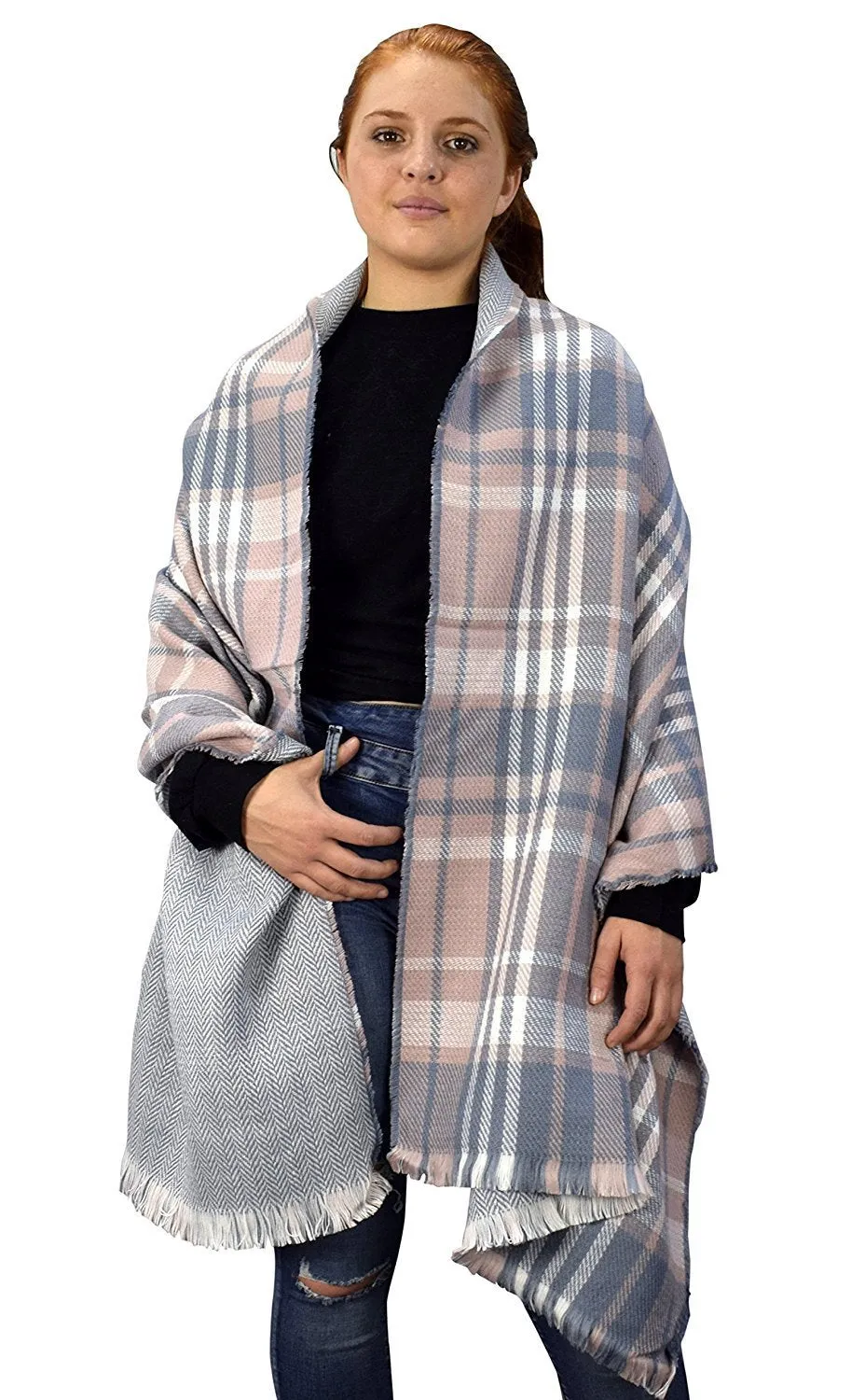 Reversible Oversized Plaid Tartan Herringbone Blanket Scarf Pink Grey