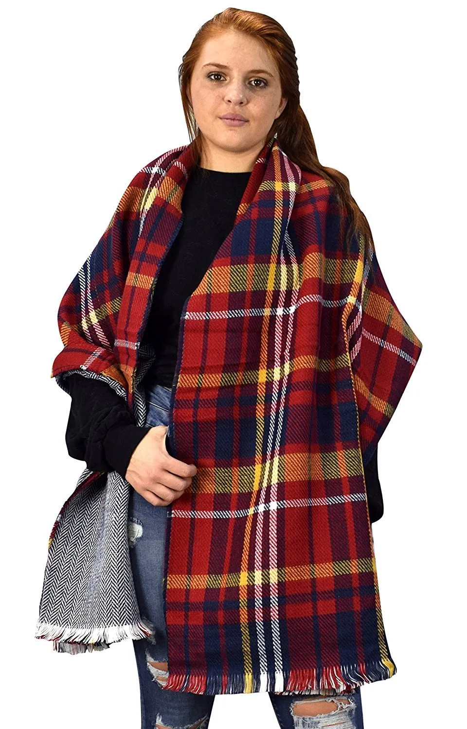 Reversible Oversized Plaid Tartan Herringbone Blanket Scarf Red Navy