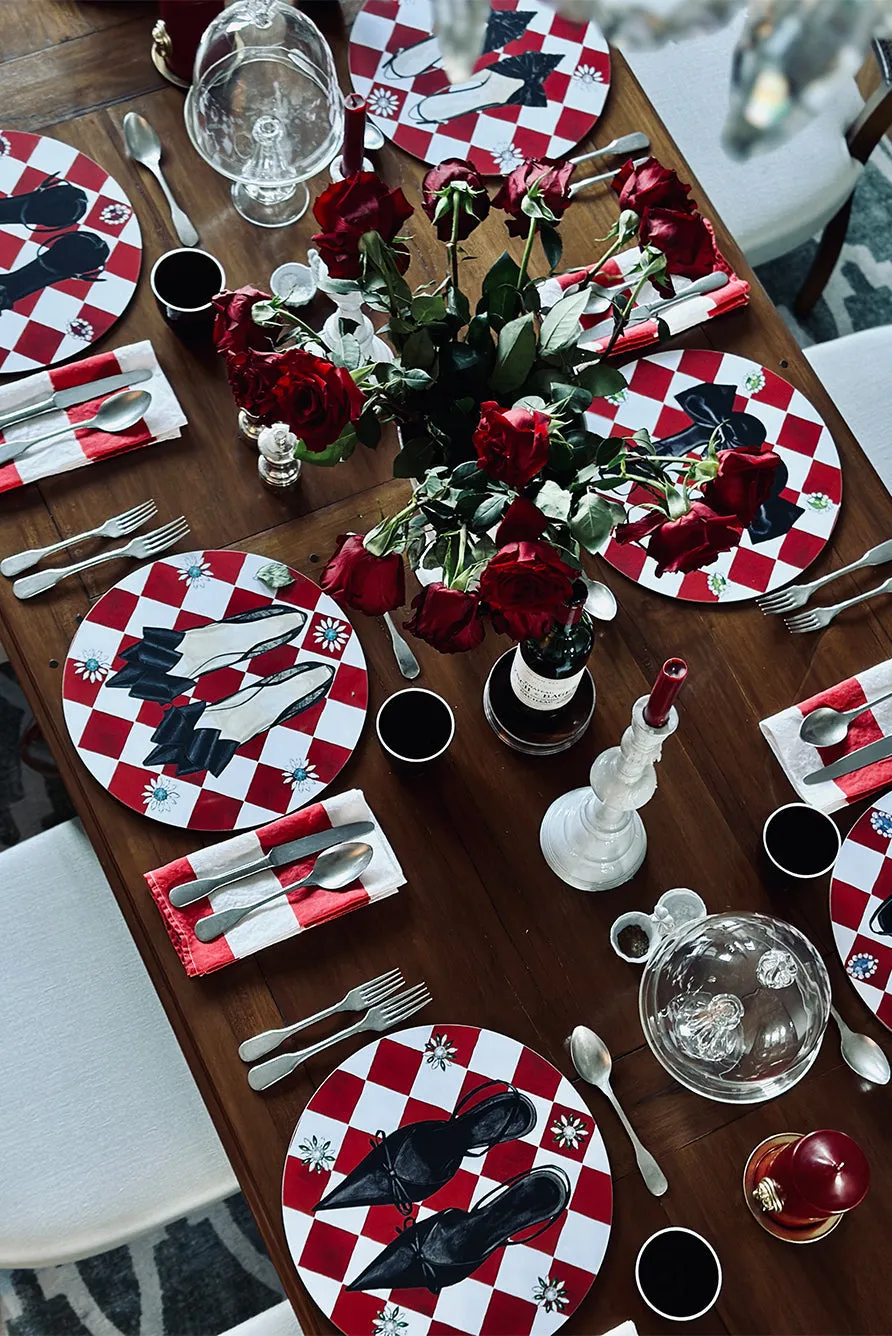 Set of 6 Shoe Check & Crystal Round Cork-Backed Coasters in Claret Red