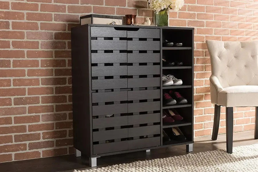 Shirley Modern and Contemporary Dark Brown Wood 2-Door Shoe Cabinet with Open Shelves