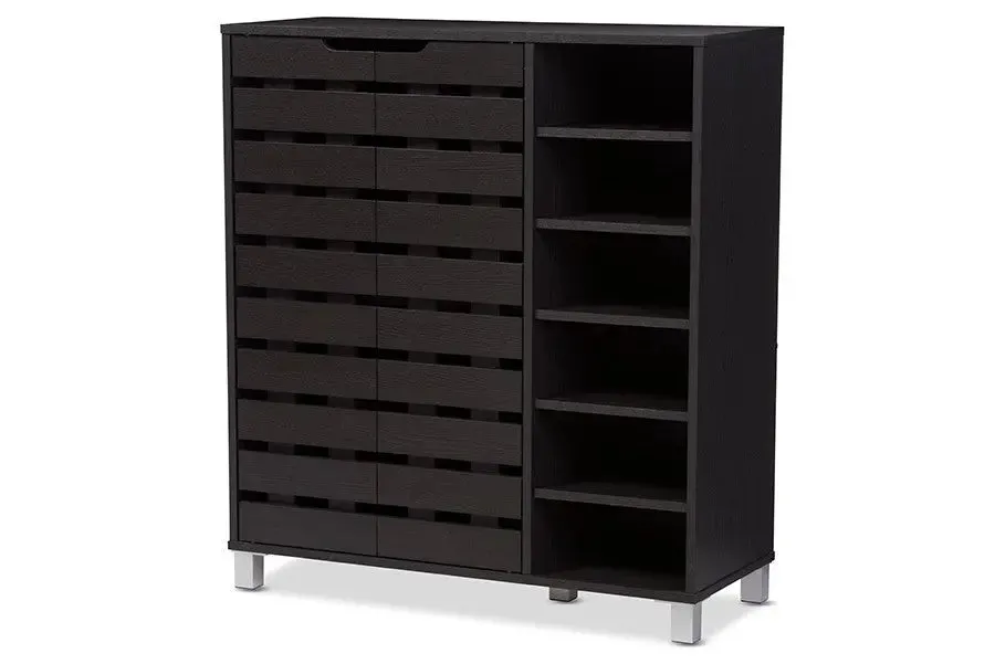 Shirley Modern and Contemporary Dark Brown Wood 2-Door Shoe Cabinet with Open Shelves