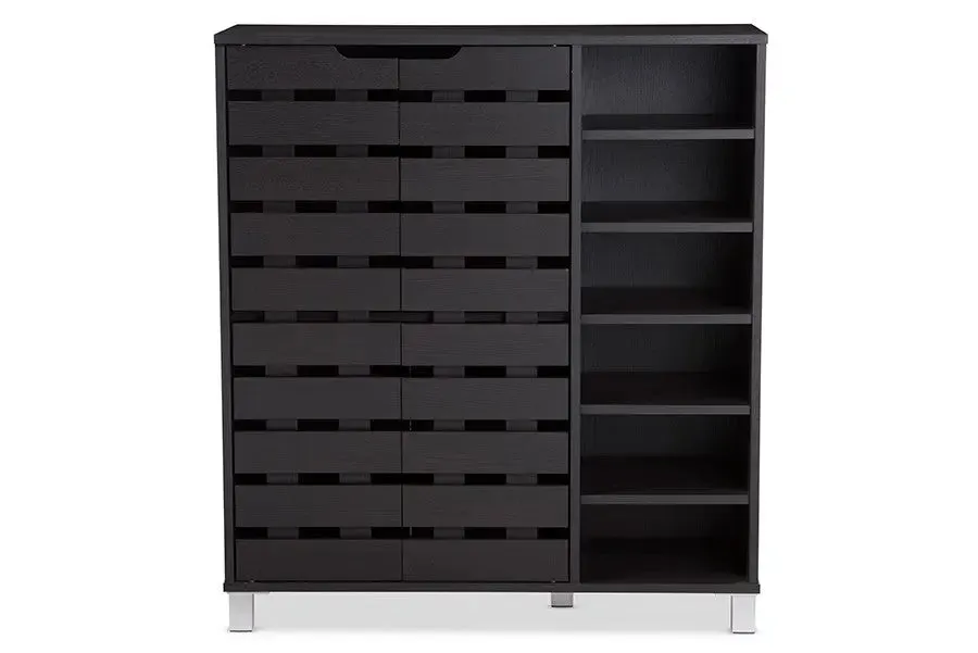 Shirley Modern and Contemporary Dark Brown Wood 2-Door Shoe Cabinet with Open Shelves