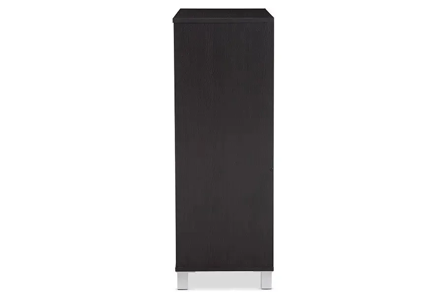 Shirley Modern and Contemporary Dark Brown Wood 2-Door Shoe Cabinet with Open Shelves