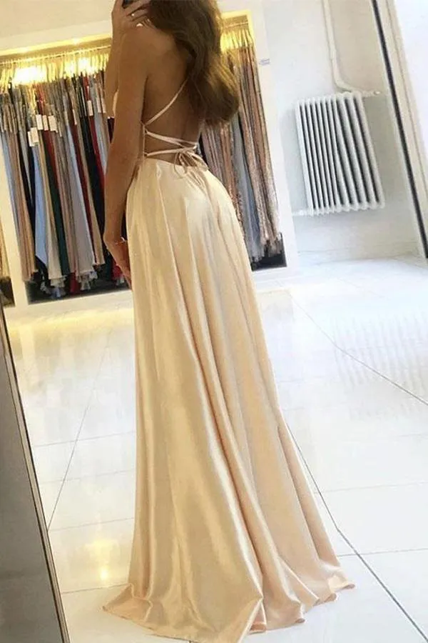 Simple Champagne Satin Long Prom Dress formal Dress With Split PSK229