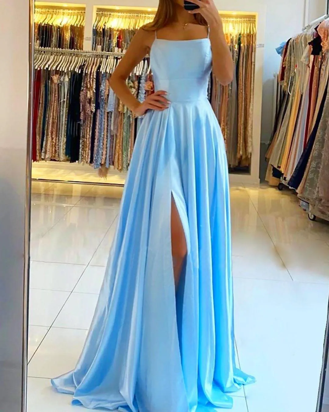 Simple Champagne Satin Long Prom Dress formal Dress With Split PSK229