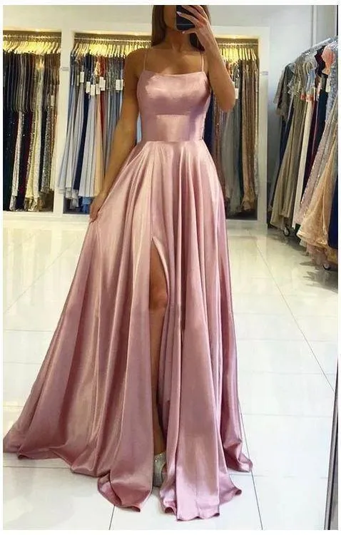 Simple Champagne Satin Long Prom Dress formal Dress With Split PSK229