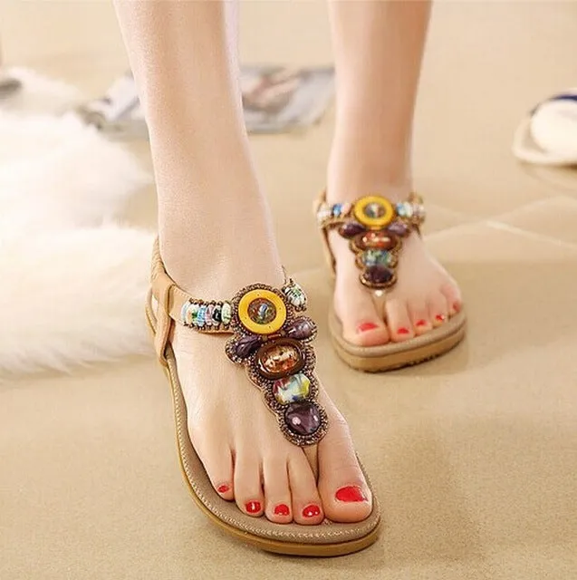 Size 36-42 2016 Bohemian Women Sandals Gemstone Beaded Slippers Summer Beach Sandals Women Flip Flops Ladies Flat Sandals Shoes