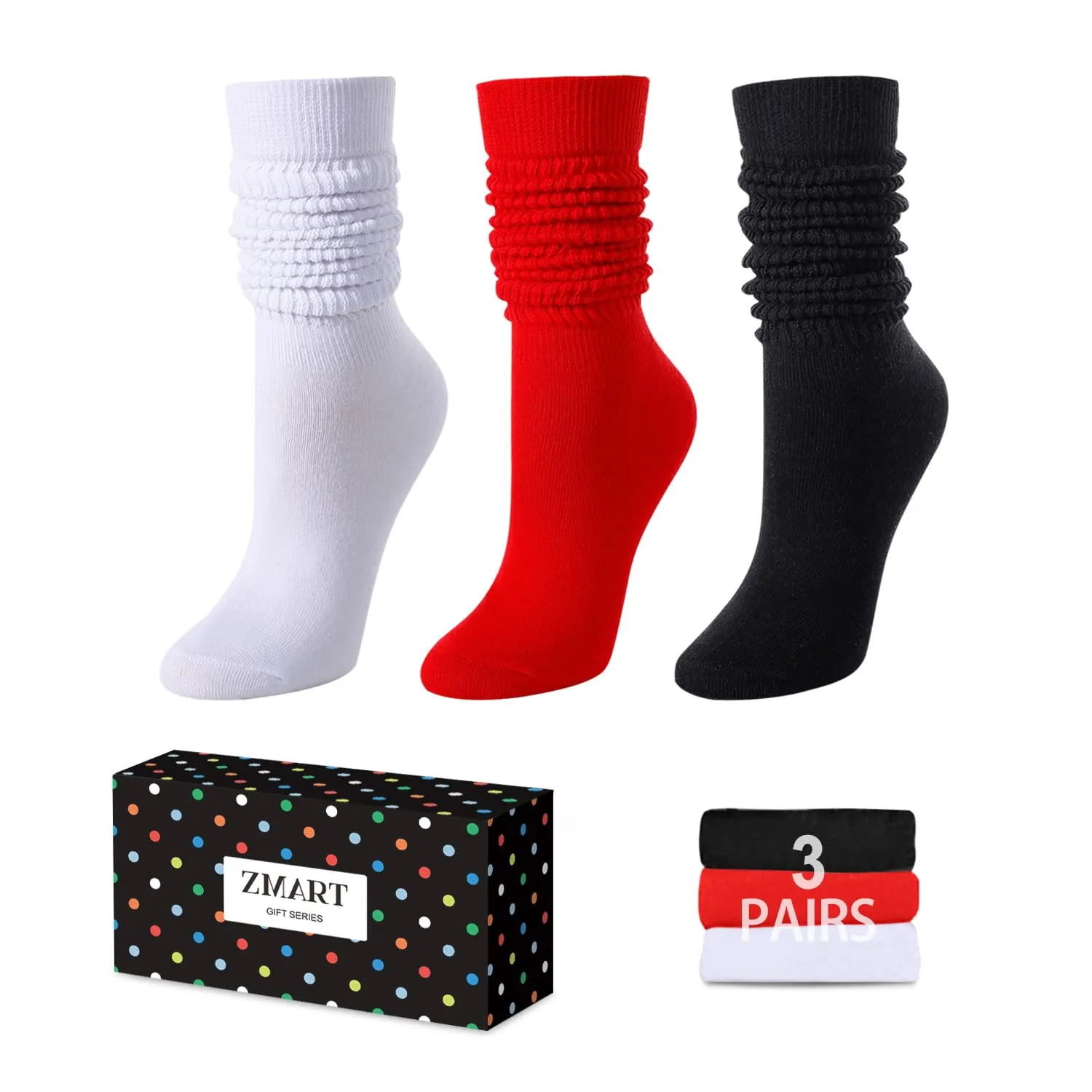 Slouch Socks for Women Girls - Scrunch Socks for Women Pack, Long High Tube High Socks White Black Red 3 Pairs