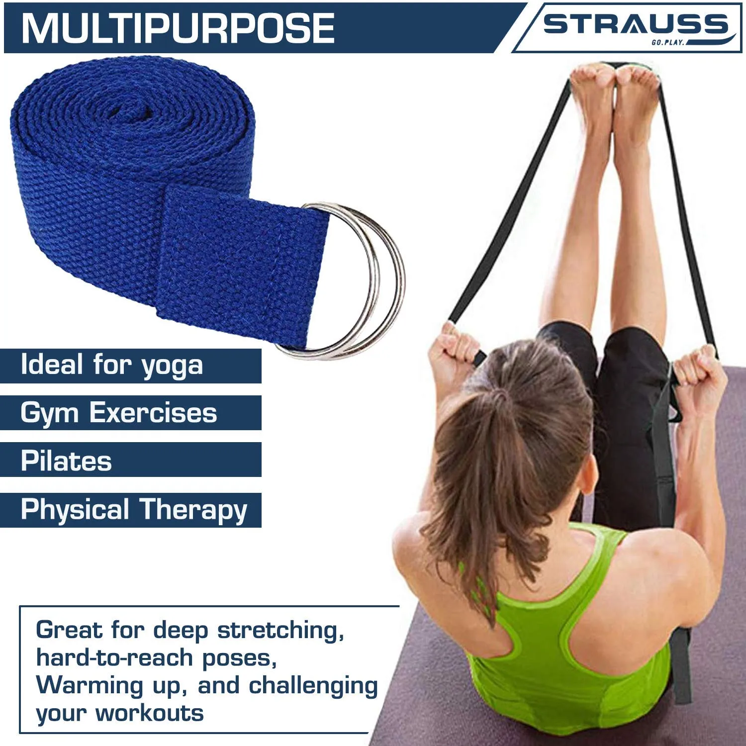 Strauss Eco-Friendly Single Texture TPE Yoga Mat 6 mm (Blue), Yoga Block (Purple) Pair and Yoga Belt (Blue)