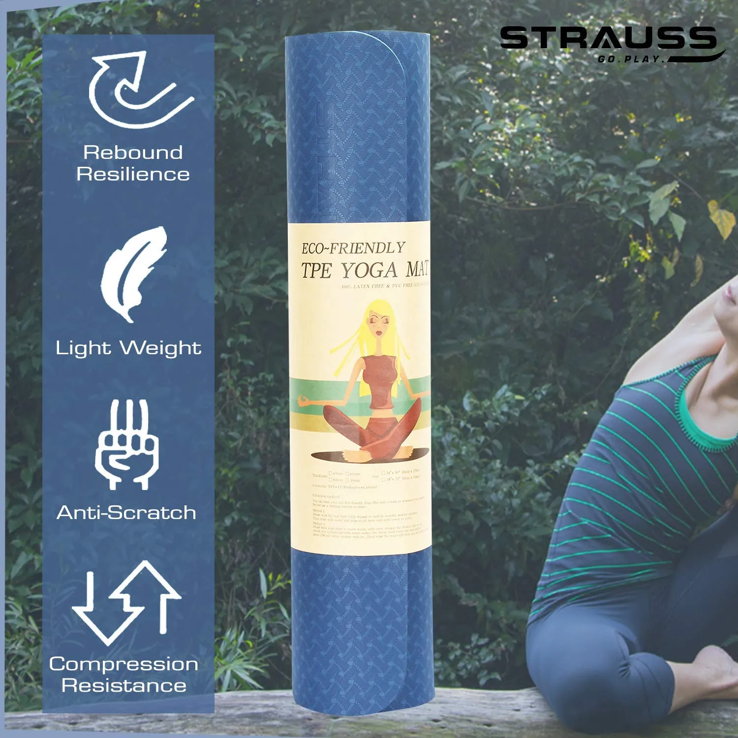 Strauss Eco-Friendly Single Texture TPE Yoga Mat 6 mm (Blue), Yoga Block (Purple) Pair and Yoga Belt (Blue)