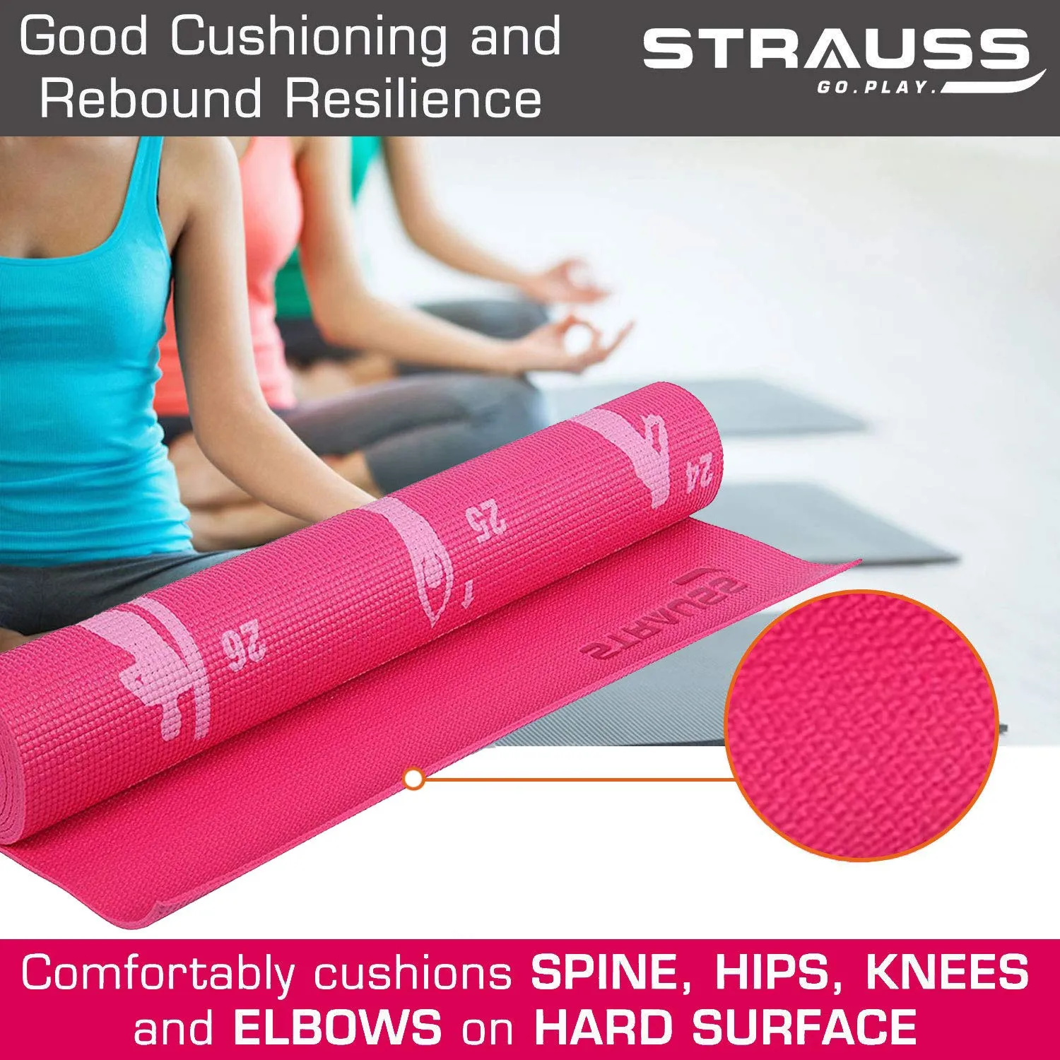 Strauss Eco-Friendly Yoga Mat with Carry Bag | Anti-Slip Exercise Mat with Poses Printed | Ideal for Home & Gym Workouts | 4mm Thick, Pink