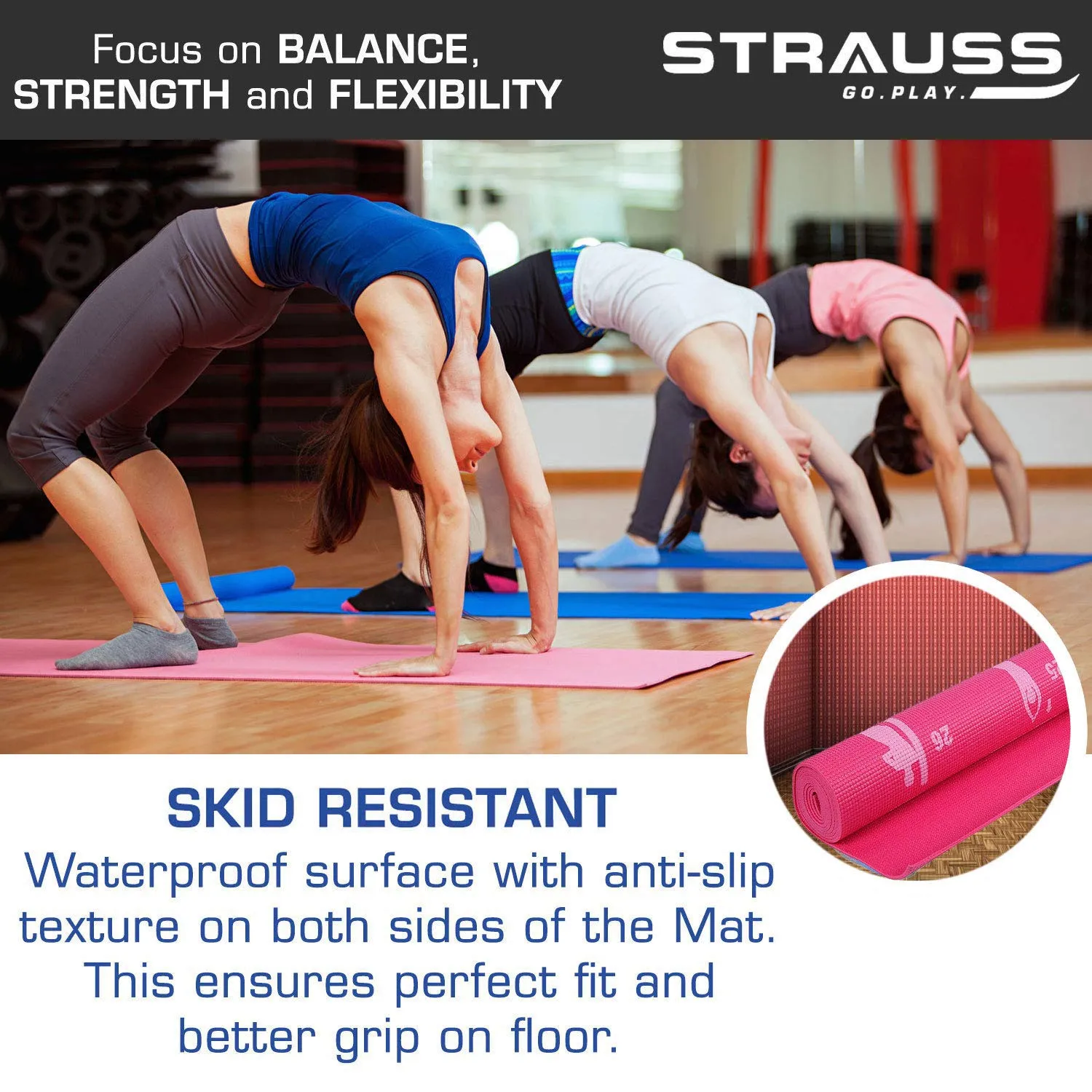 Strauss Eco-Friendly Yoga Mat with Carry Bag | Anti-Slip Exercise Mat with Poses Printed | Ideal for Home & Gym Workouts | 4mm Thick, Pink