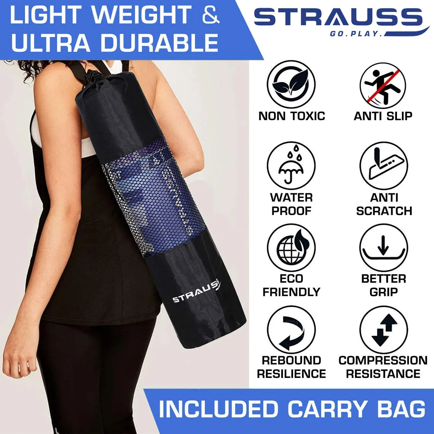 STRAUSS Extra Thick Yoga Mat with Carry Strap | Exercise Mat for Women and Men | Anti-Slip, Lightweight & Eco-Friendly Material | Gym Mat Ideal for Home & Gym Workout | 13MM, (Black)