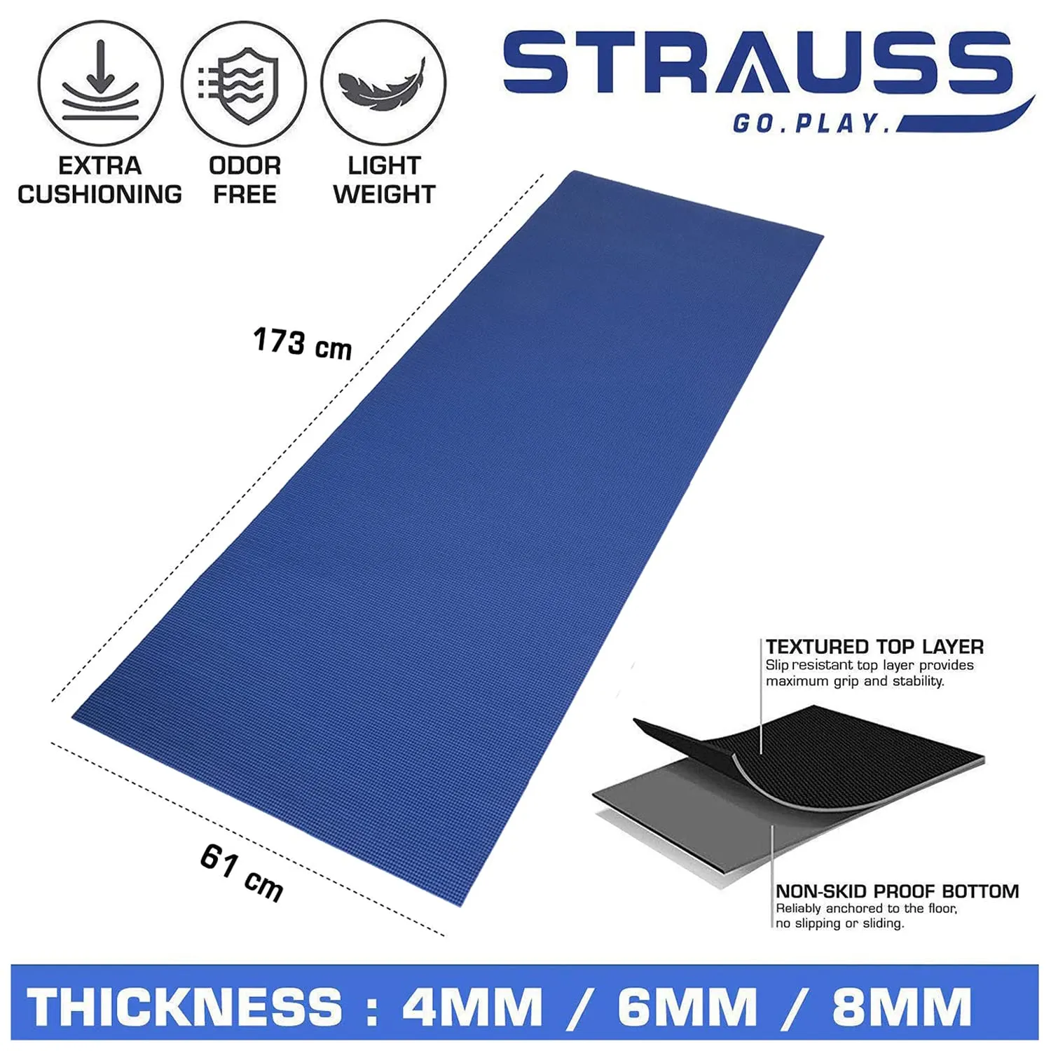 STRAUSS Extra Thick Yoga Mat with Carry Strap | Exercise Mat for Women and Men | Anti-Slip, Lightweight & Eco-Friendly Material | Gym Mat Ideal for Home & Gym Workout | 13MM, (Black)