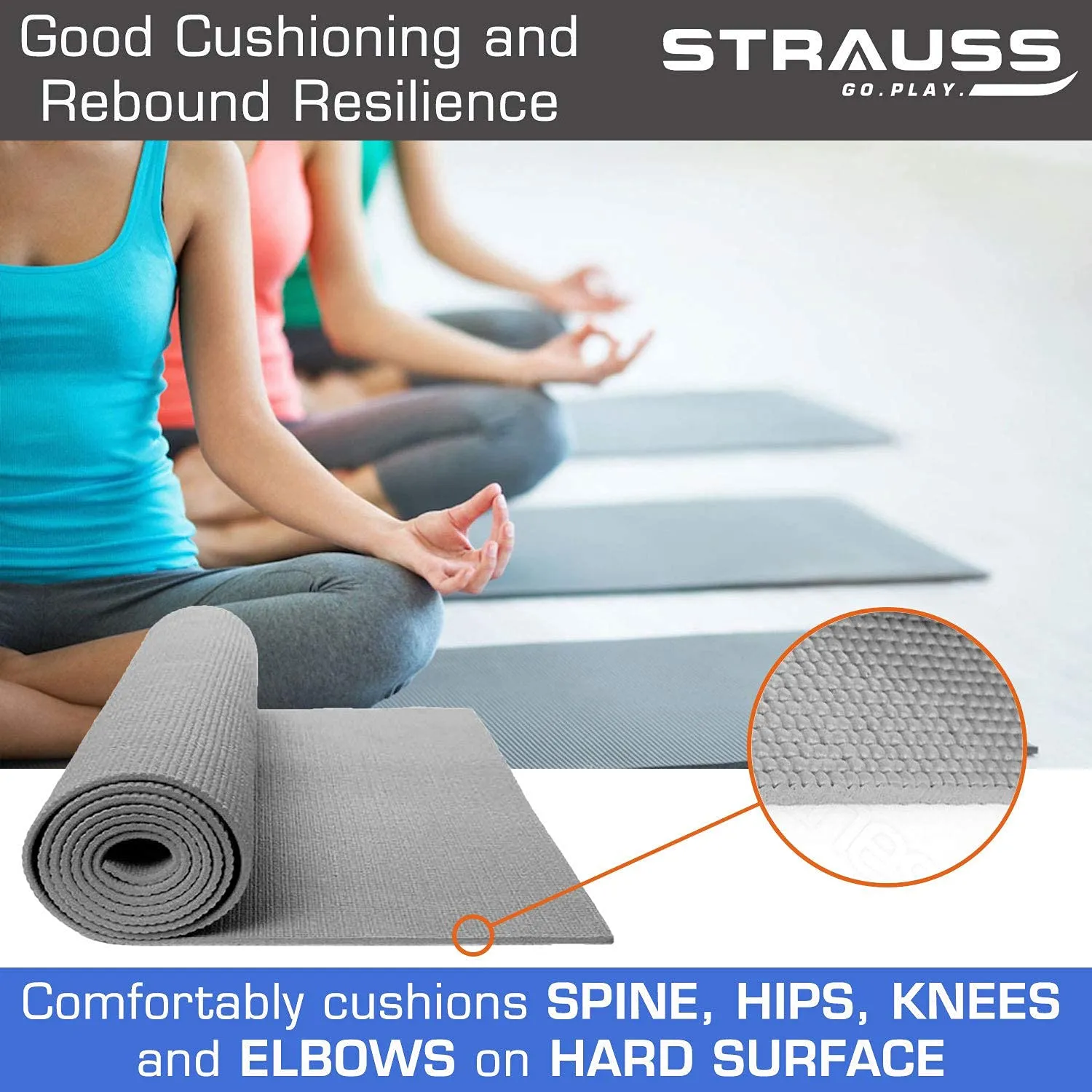 Strauss Multi-Purpose Yoga Mat with Carry Bag|Eco-friendly Anti-Slip Exercise & Fitness Yoga Mat for Men & Women|Home Gym Mat for Workout,Yoga,Pilates & Floor Exercises|Sizes: 4mm/6mm/8mm,(Grey)