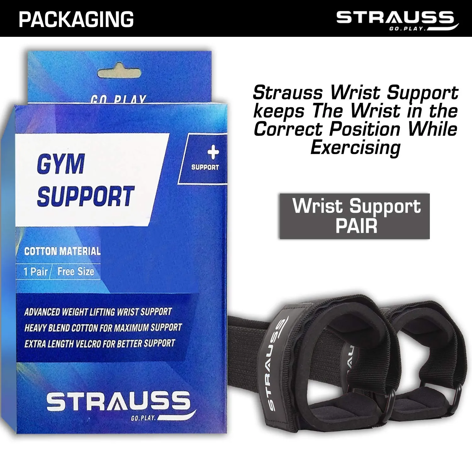 Strauss ST Cotton Gym Support, Pair (Black), Foam Jump Rope (Blue/Black)