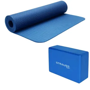 Strauss TPE Eco-Friendly Yoga Mat, 6mm (Blue) and Yoga Block (Navy)