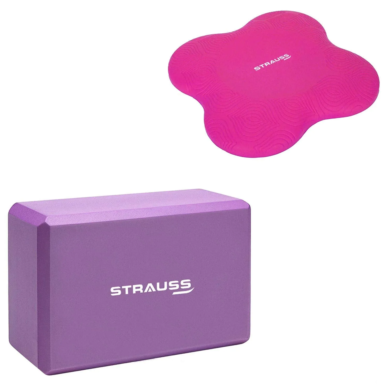 Strauss Yoga Block (Purple) and Yoga Knee Pad Cushions, (Pink)