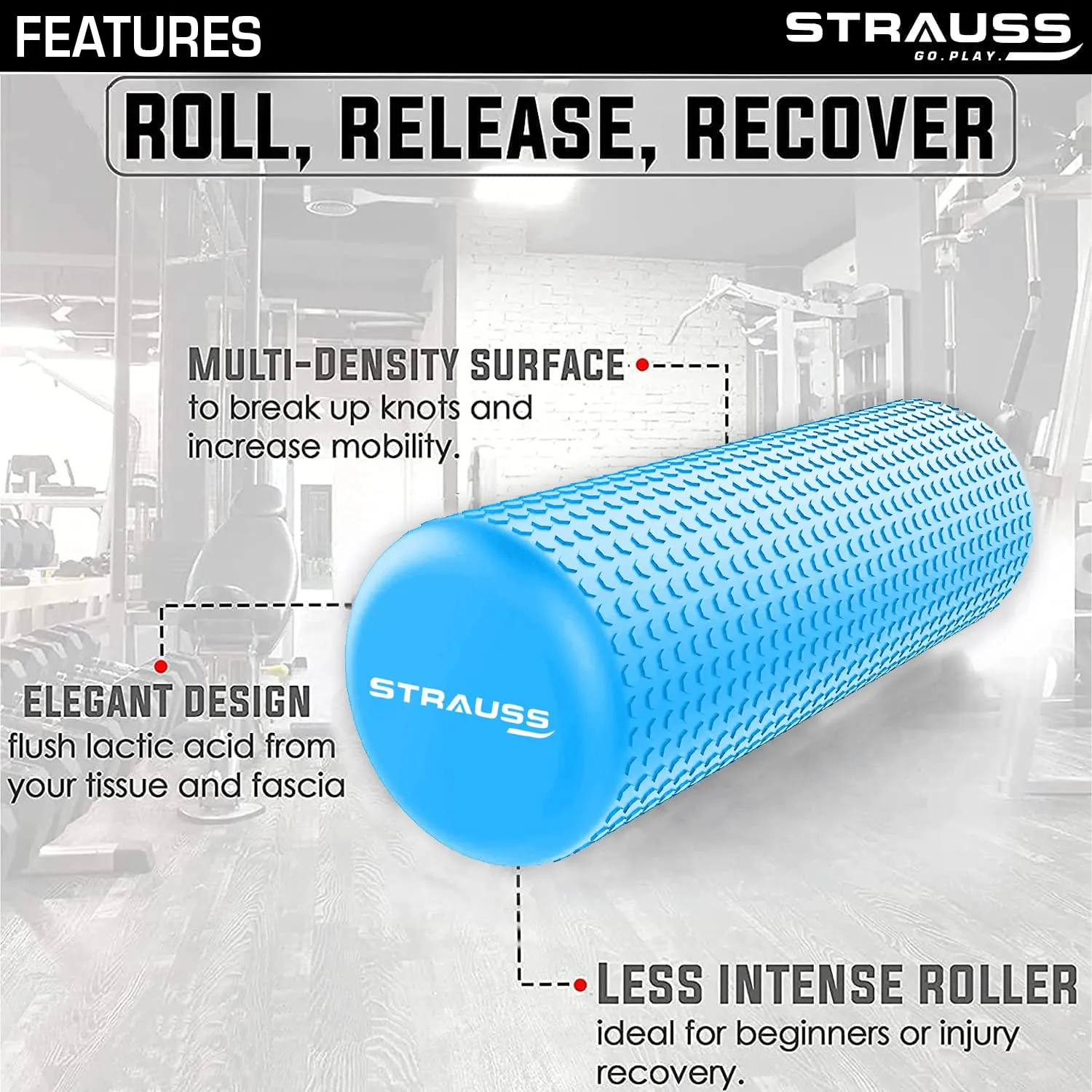 Strauss Yoga Foam Roller | Deep Tissue Massage Roller for Knee Exercise, Muscles Recovery & Physiotherapy | Home Gym Fitness Equipment for Full Body Relaxation and Flexibility | 45cm,(Sky Blue)