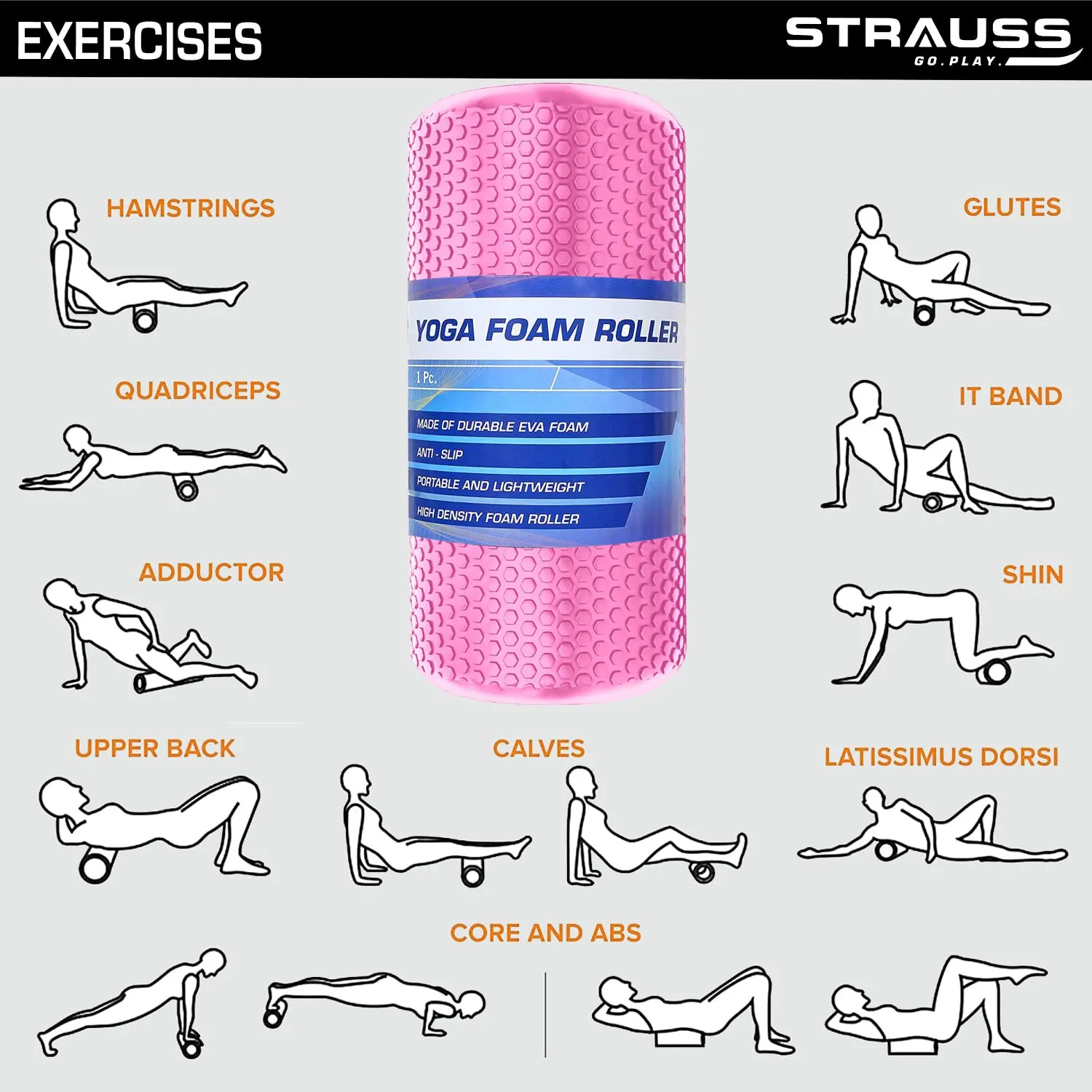 Strauss Yoga Foam Roller | Ideal For Exercise, Muscle Recovery, Physiotherapy, Pain Relief & Myofascial | Deep Tissue Massage Roller 45 Cm, (Pink)